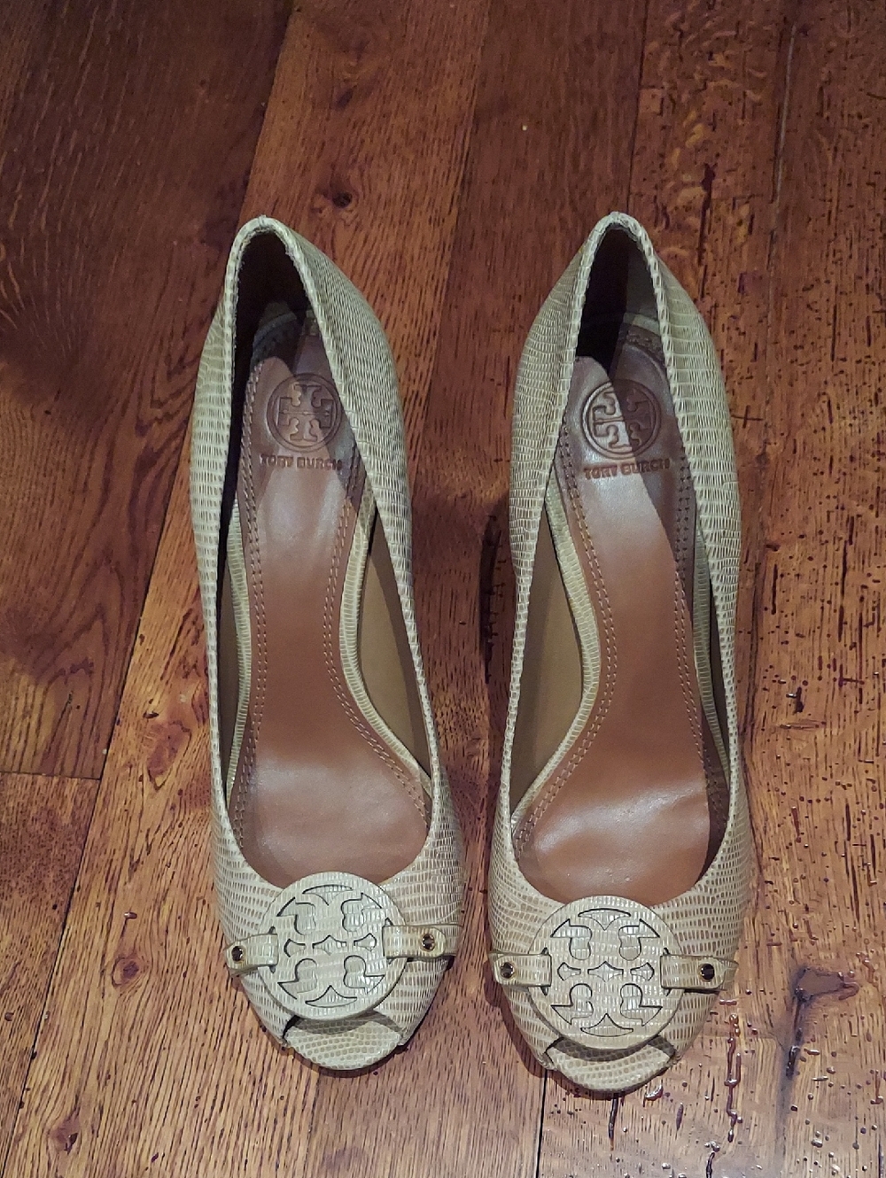 Tory Burch Amanda Open Toe Wedge Heel, Tan,Size 10.5, 3.5" Heel